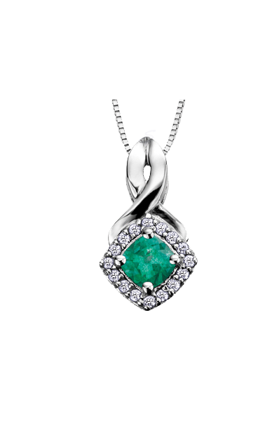 10K White Gold Emerald and Diamond Halo Pendant with Chain
