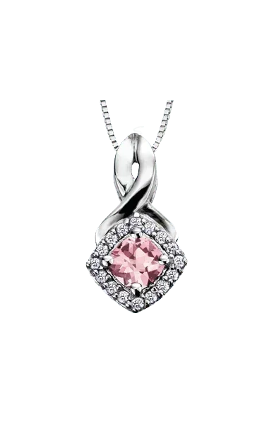 10K White Gold Pink Tourmaline and Diamond Halo Pendant with Chain
