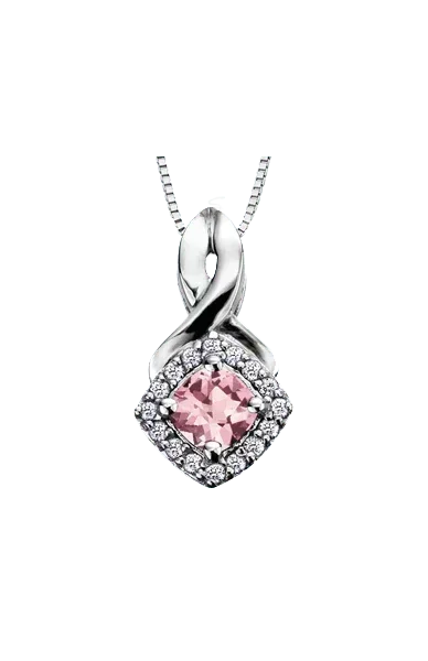 10K White Gold Pink Tourmaline and Diamond Halo Pendant with Chain