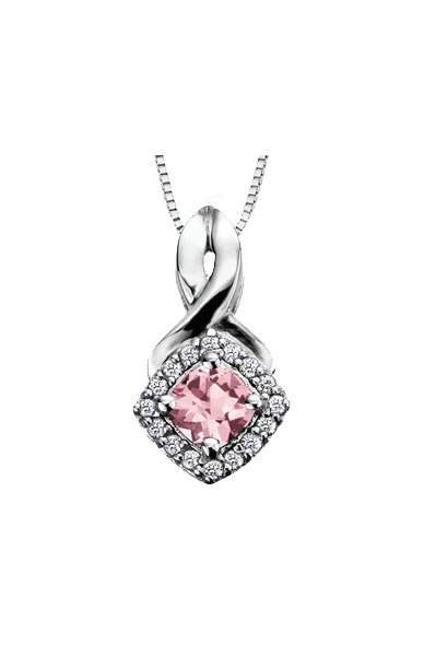 10K White Gold Pink Tourmaline and Diamond Halo Pendant with Chain