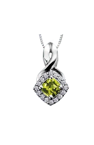 10K White Gold Peridot and Diamond Halo Pendant with Chain