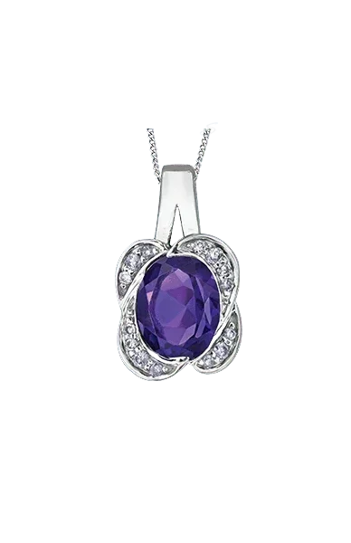 10K White Gold Amethyst and Diamond Pendant with Chain