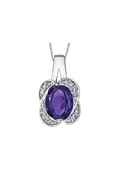 10K White Gold Amethyst and Diamond Pendant with Chain