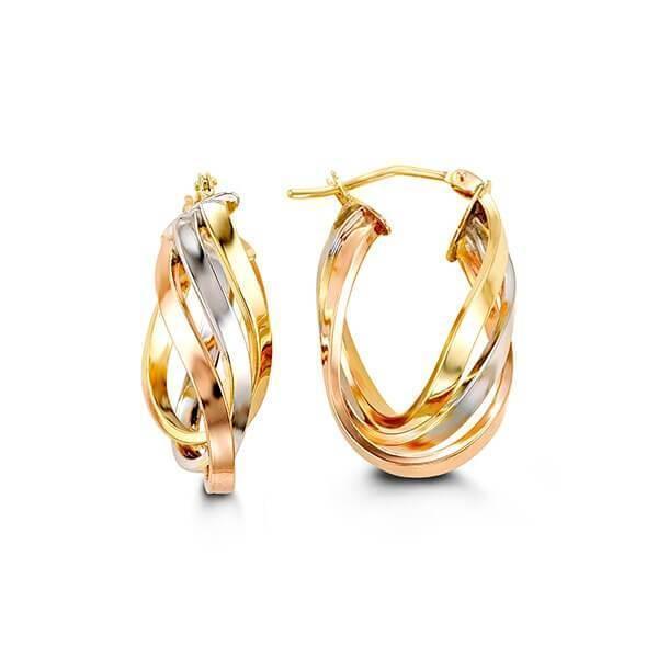 10K Yellow, White And Rose Gold Twist Hoop Earrings