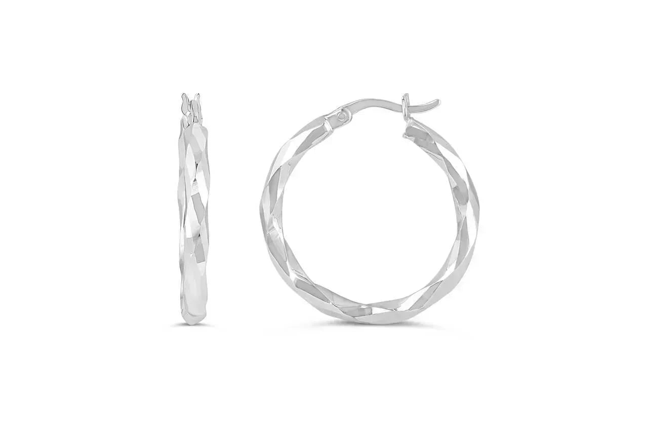 10K White Gold Geometric Pattern Hoop Earrings