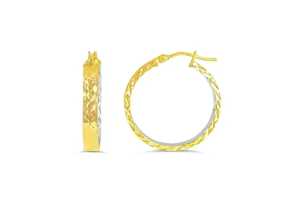 10K Yellow And White Gold Flat Front Hoop Earrings