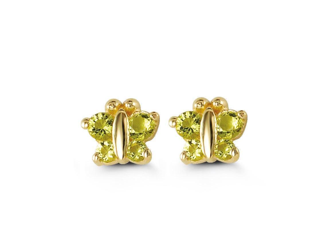 14k Yellow Gold Butterfly Shape Green CZ Baby Earrings