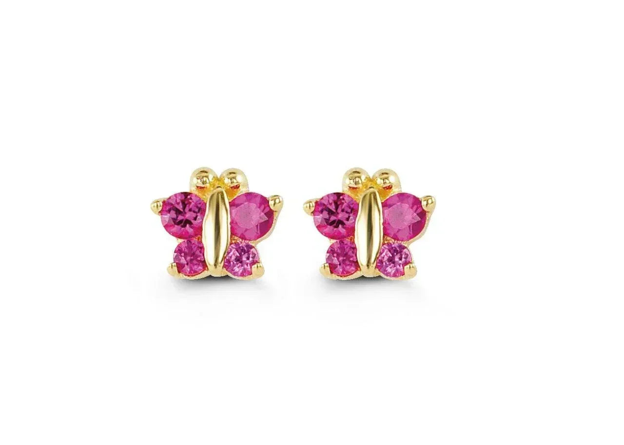 14k Yellow Gold Butterfly Shape Fuchsia CZ Baby Earrings