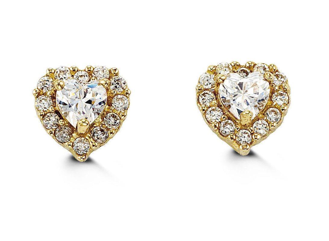 14K Yellow Gold White Heart Shape CZ Baby Earrings