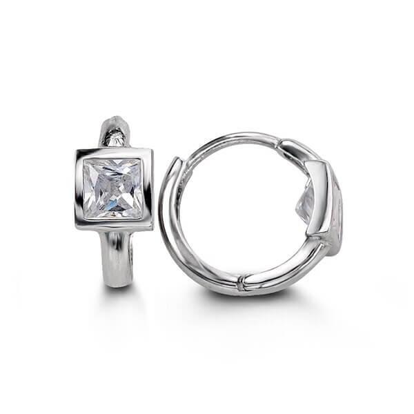 14K White Gold Huggies With Princess Cut Cz