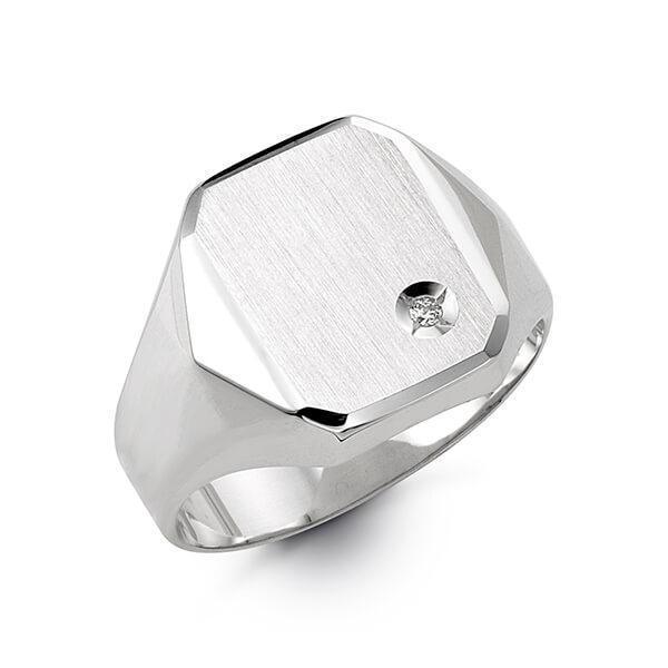 10K White Gold Mens Signet Hexagonal Ring With CZ Stone
