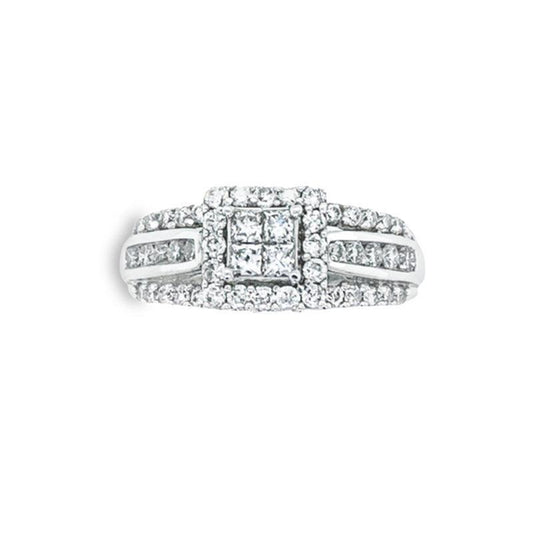 14K White Gold 1.00TDW Diamond Quad Princess Cut Halo Engagement Ring