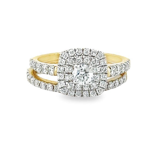 1.00TDW & 10K Yellow Gold Diamond Bridal Set with Floral Center and Micro Pave Band