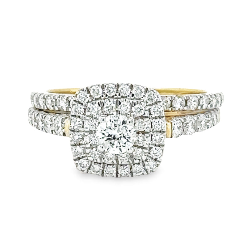 1.00TDW &amp; 10K Yellow Gold Diamond Bridal Set with Floral Center and Micro Pave Band