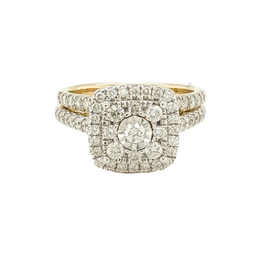 10K Yellow Gold 1.00TDW Diamond Illusion Head Cushion Halo Bridal Set