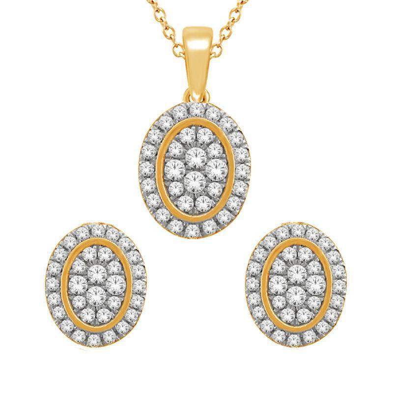 1.00TDW Round Diamond Pave Halo Earrings and Pendant Set in 14K Yellow Gold