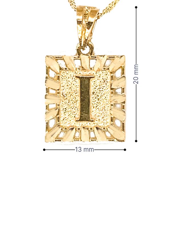 10K Solid Yellow Gold Initial Letter I Square Pendant