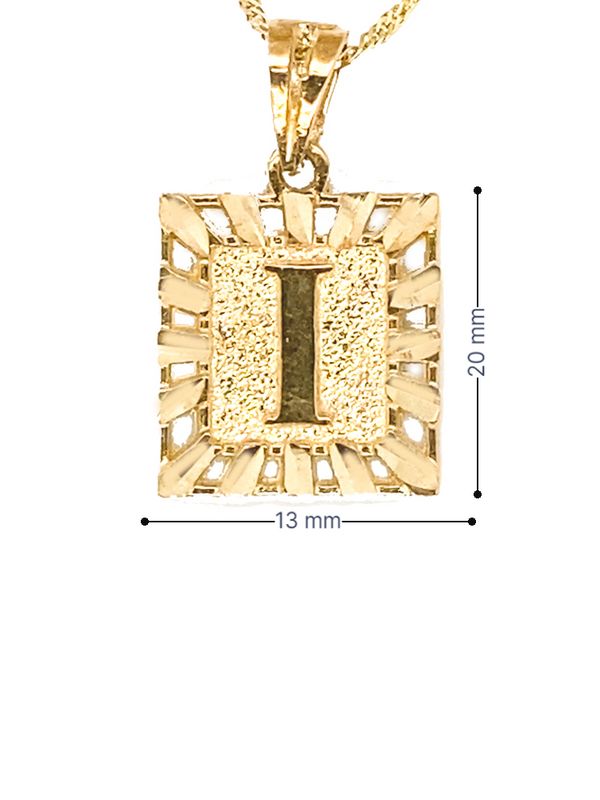 10K Solid Yellow Gold Initial Letter I Square Pendant