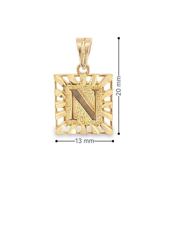 10K Solid Yellow Gold Initial Letter N Square Pendant