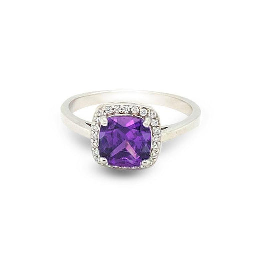 February Birthstone Cushion Cut Purple CZ Ring in Sterling Silver