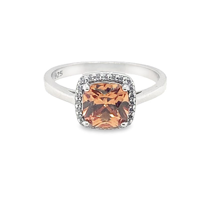 November Birthstone Citrine Color Cushion Cut CZ Halo Ring