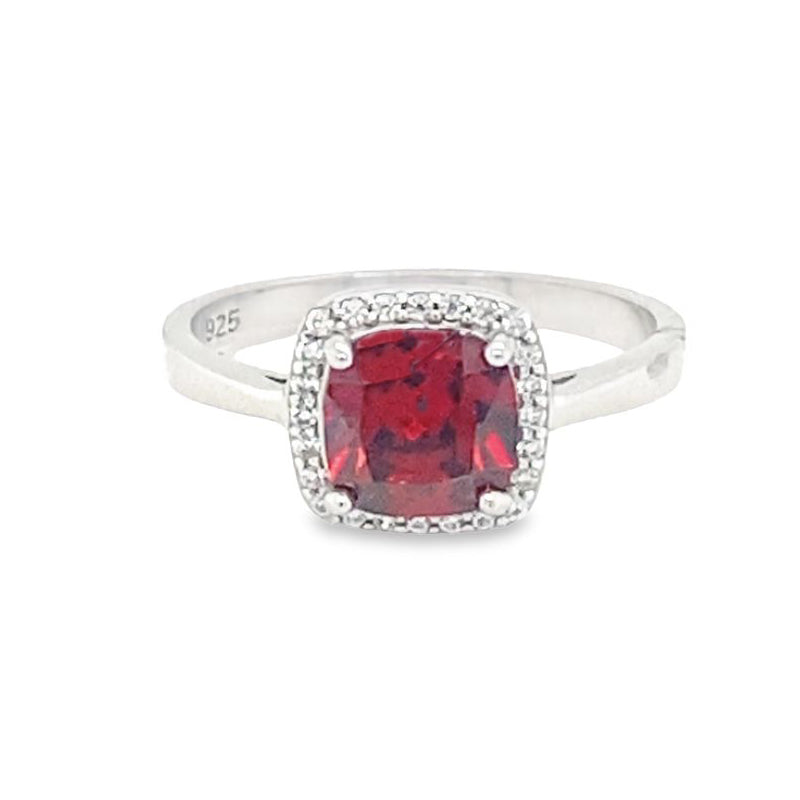 January Birthstone Garnet Color CZ Halo Ring in Sterling Silver