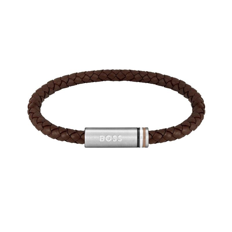 Hugo Boss Jewellery Men&#39;s Ares Single Braided Brown Leather Bracelet 1580623