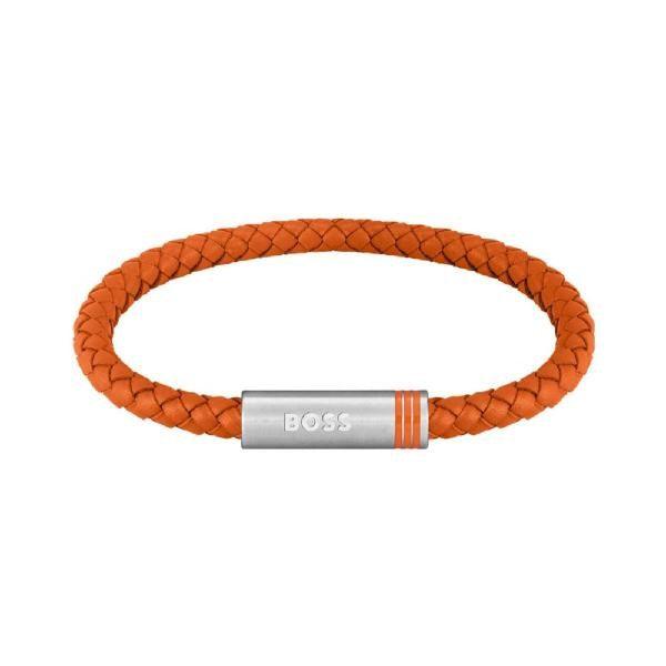 Hugo Boss Jewellery Men&#39;s Ares Single Orange Braided Leather &amp; Steel Bracelet 1580625