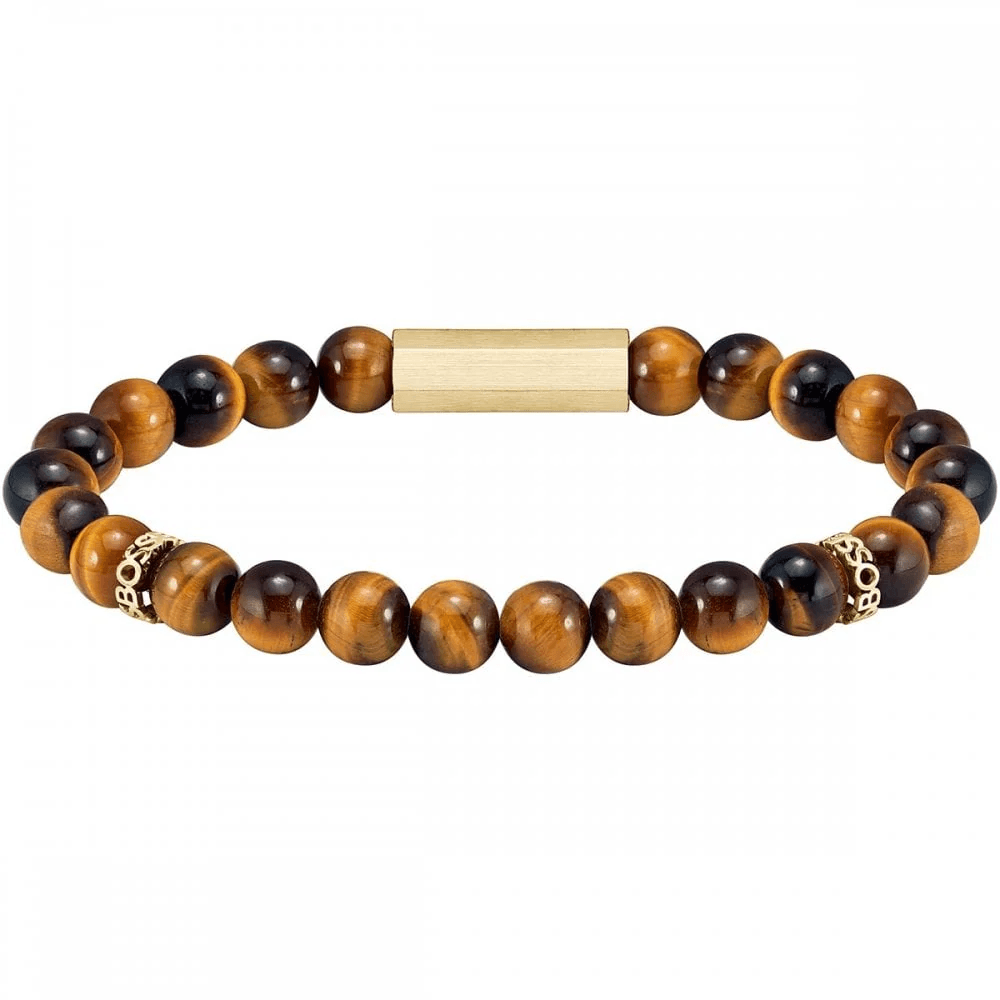 Hugo Boss Jewellery Men&#39;s Sphere Stones Tigers Eye Beaded Bracelet 1580661M