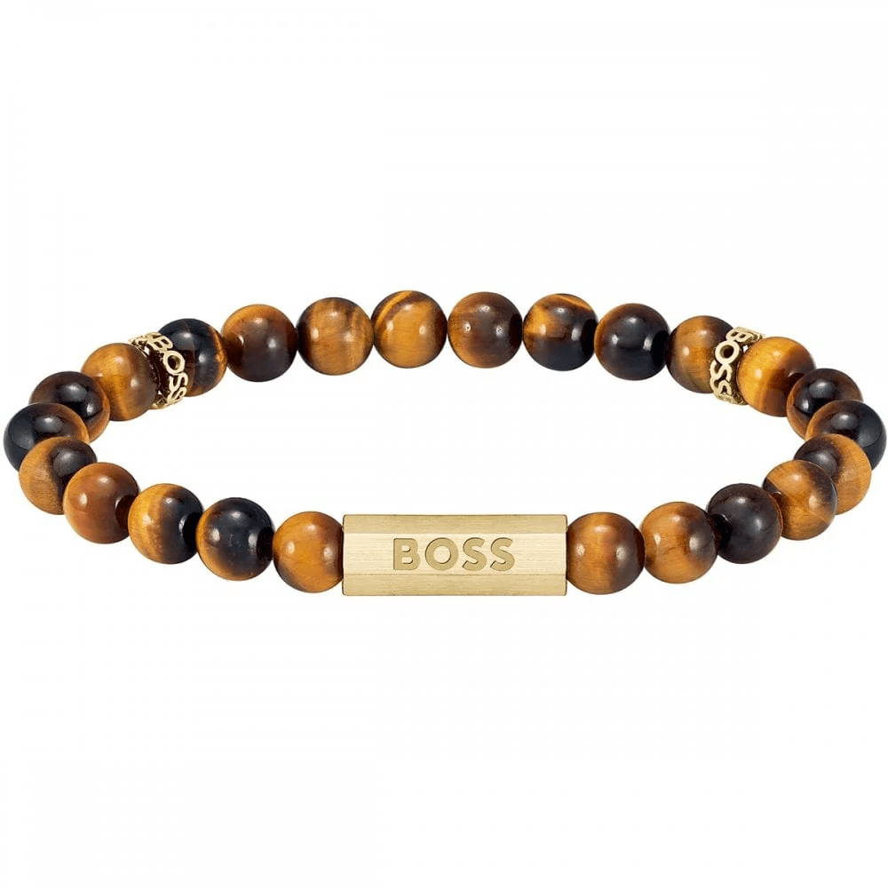 Hugo Boss Jewellery Men&#39;s Sphere Stones Tigers Eye Beaded Bracelet 1580661M