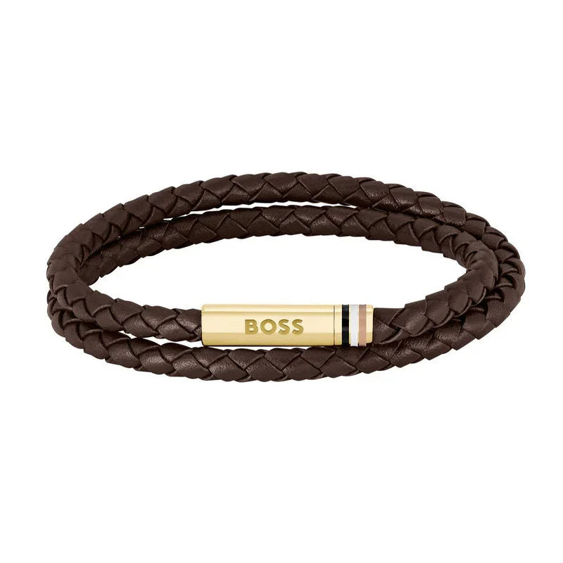 Hugo Boss Jewellery Men's Ares Brown Leather & Gold Plated Steel Bracelet 1580670M