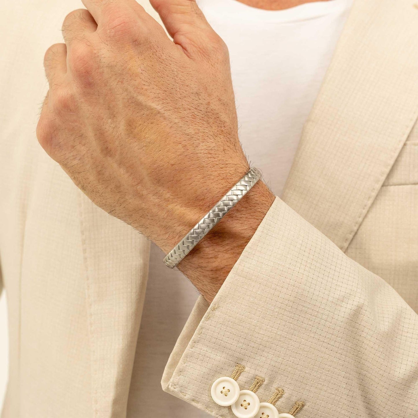 Hugo Boss Jewellery Men's Silver-Tone Cuff with Herringbone Pattern