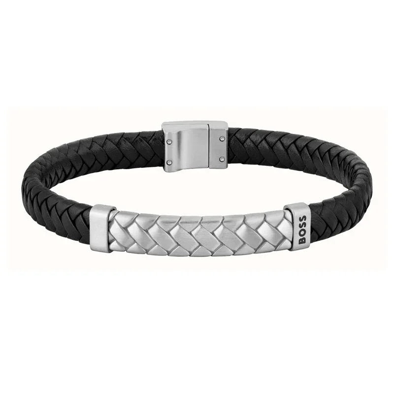 Hugo Boss Jewellery Men's Tailored Black Leather & Steel Bracelet 1580674M