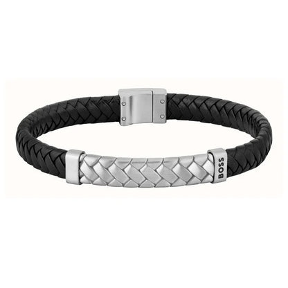 Hugo Boss Jewellery Men's Tailored Black Leather & Steel Bracelet 1580674M
