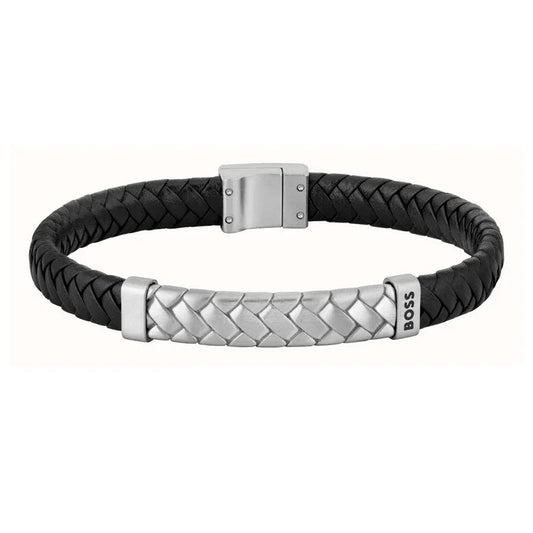 Hugo Boss Jewellery Men's Tailored Black Leather & Steel Bracelet 1580674M