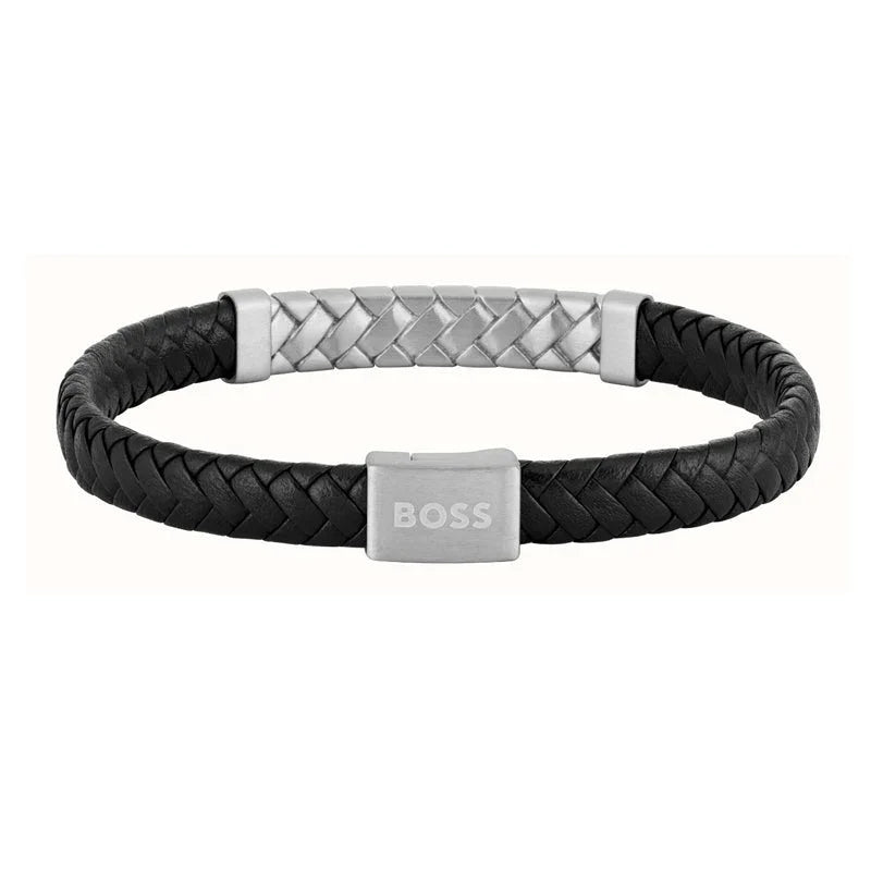 Hugo Boss Jewellery Men's Tailored Black Leather & Steel Bracelet 1580674M