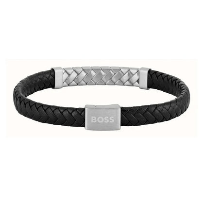 Hugo Boss Jewellery Men's Tailored Black Leather & Steel Bracelet 1580674M