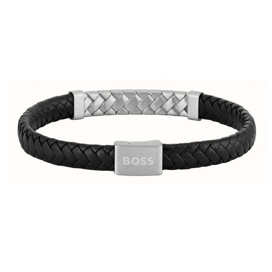 Hugo Boss Jewellery Men's Tailored Black Leather & Steel Bracelet 1580674M