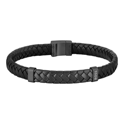 Hugo Boss Jewellery Men's Tailored Black Leather & Steel Bracelet 1580676M