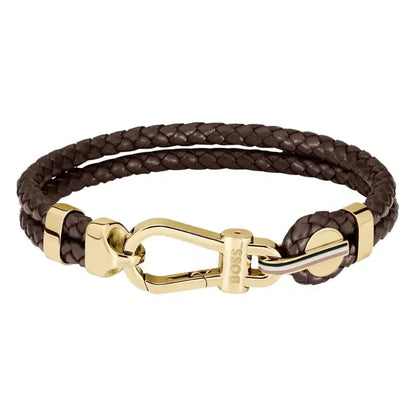 Hugo Boss Jewellery Men's Ares Prime Bracelet Brown Leather & Gold Steel 1580700M