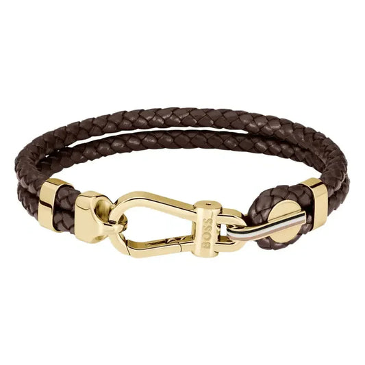 Hugo Boss Jewellery Men's Ares Prime Bracelet Brown Leather & Gold Steel 1580700M