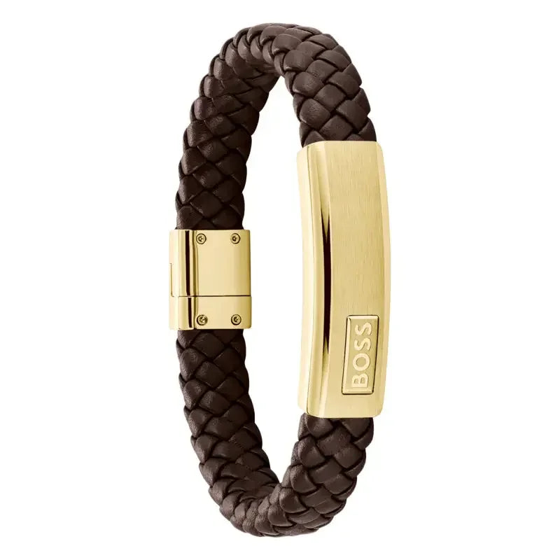 Hugo Boss Jewellery Men's Lander Brown Leather & Gold Steel Bracelet 1580746M