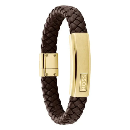 Hugo Boss Jewellery Men's Lander Brown Leather & Gold Steel Bracelet 1580746M