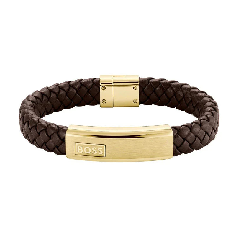 Hugo Boss Jewellery Men's Lander Brown Leather & Gold Steel Bracelet 1580746M