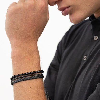 Hugo Boss Jewellery Men's Cuff with Tiger Beads and Braided Black leather