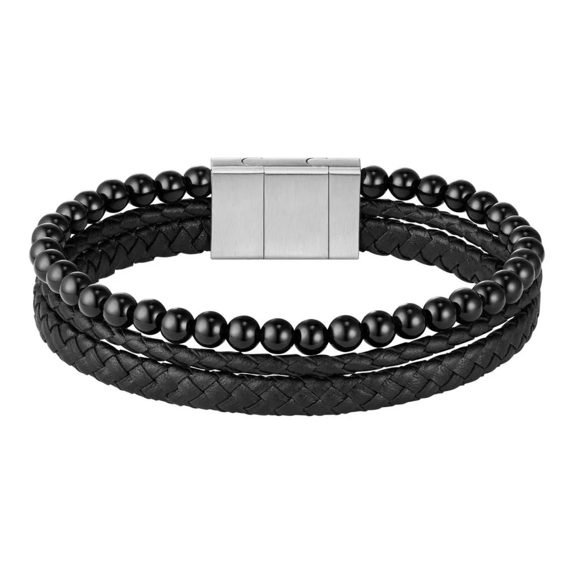 Hugo Boss Jewellery Men's Cuff with Tiger Beads and Braided Black leather