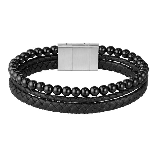 Hugo Boss Jewellery Men's Cuff with Tiger Beads and Braided Black leather