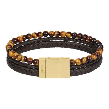 Hugo Boss Jewellery Men's Tiger Beads and Braided Brown Leather Bracelet 1580787
