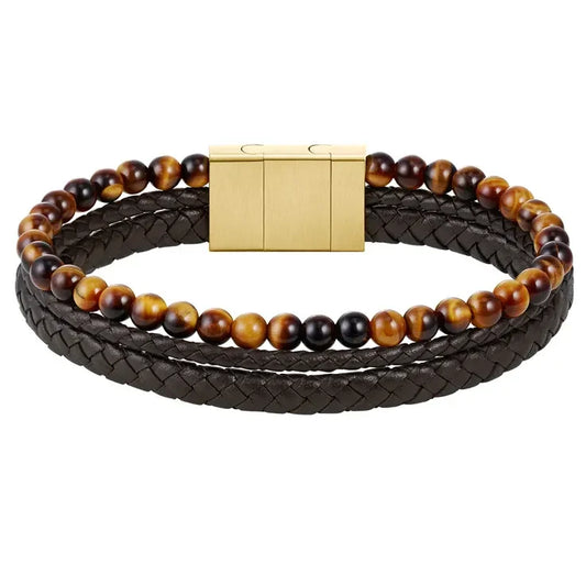 Hugo Boss Jewellery Men's Tiger Beads and Braided Brown Leather Bracelet 1580787
