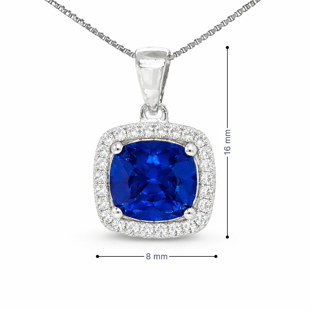 September Birthstone Sapphire Color CZ Cushion Pendant In Sterling Silver